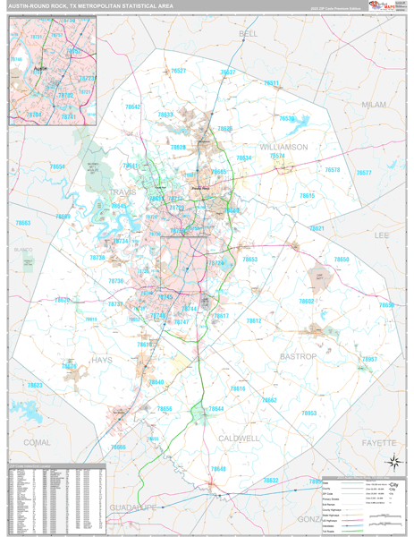 Austin-Round Rock, TX Metro Area Wall Map
